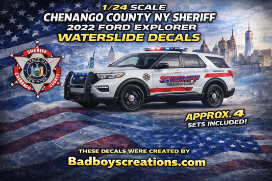 1/24 Scale 2022 Chenangos NY Sheriff Ford Explorer Waterslide Decals Sheet – Custom Laser Printed