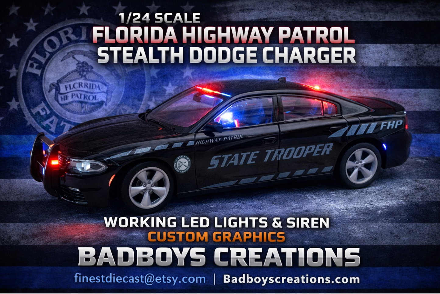 1/24 Scale 2016 Dodge Charger Florida Highway Patrol Stealth Unit Diecast Model Car – Custom Working LED Lights & Siren – Police Replica by Badboys Creations