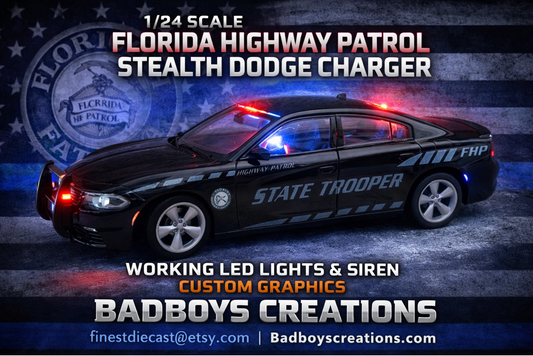 1/24 Scale 2016 Dodge Charger Florida Highway Patrol Stealth Unit Diecast Model Car – Custom Working LED Lights & Siren – Police Replica by Badboys Creations