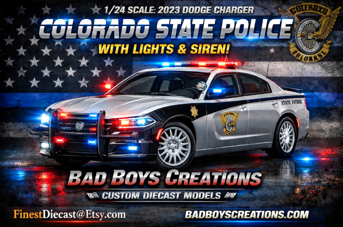 1/24 Scale 2023 Dodge Charger – Colorado State Police – Working LED Lights & Siren – Custom by Badboys Creations