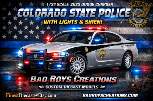 1/24 Scale 2023 Dodge Charger – Colorado State Police – Working LED Lights & Siren – Custom by Badboys Creations