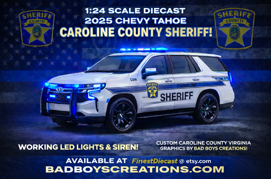 1/24 Scale 2025 Chevy Tahoe Sheriff Diecast Model – Caroline County VA Sheriff – Working Lights & Siren – Police Collectible