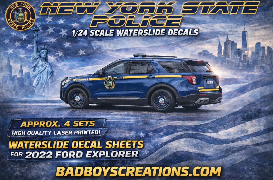 1/24 Scale New York State Police 2022 Ford Explorer Waterslide Decals | Custom NYSP Police Graphics | High Quality Laser Printed | Badboys Creations