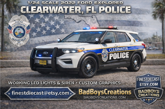1/24 Scale 2022 Ford Explorer Clearwater Florida Police Diecast Model Car w/ Working LED Lights & Siren – Custom Police Replica by Badboys Creations
