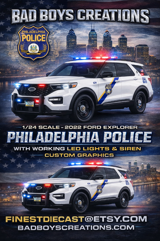 1/24 Scale 2022 Ford Explorer Philadelphia Police Diecast Model Car with Working LED Lights & Siren – Custom by Badboys Creations