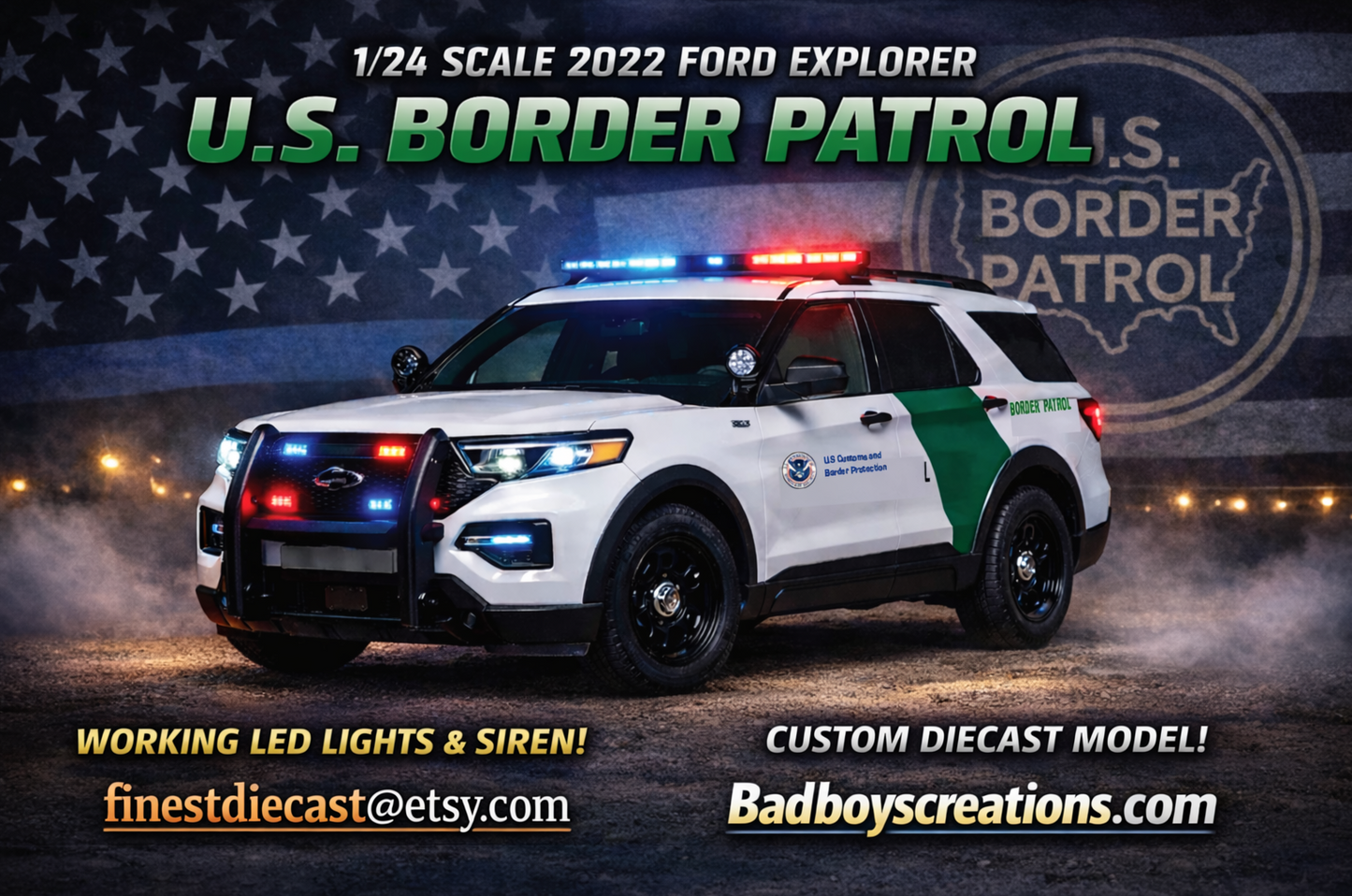 1/24 Scale U.S. Border Patrol 2022 Ford Explorer Diecast Model Car – Working LED Lights & Siren – Custom by Badboys Creations