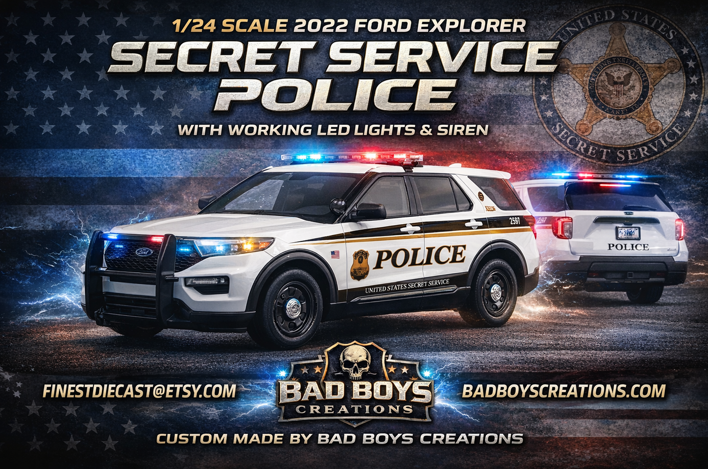 Presenting this highly detailed 1/24 Scale 2022 Ford Explorer U.S. Secret Service Edition, professionally customized by Badboys Creations.