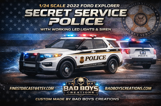 Presenting this highly detailed 1/24 Scale 2022 Ford Explorer U.S. Secret Service Edition, professionally customized by Badboys Creations.