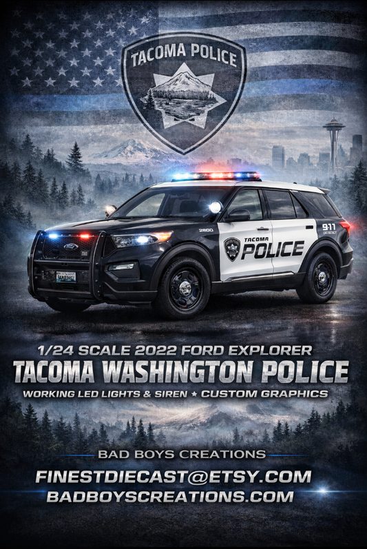 1/24 Scale Tacoma Washington Police 2022 Ford Explorer – Custom Diecast Model Car w/ Working LED Lights & Siren | Badboys Creations