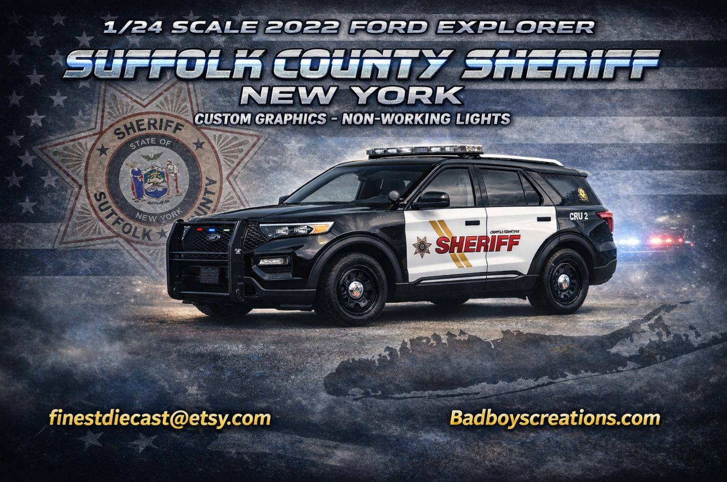 1/24 Suffolk County NY Sheriff 2022 Ford Explorer Diecast Police Model Car | Custom Sheriff Patrol Vehicle | Badboys Creations
