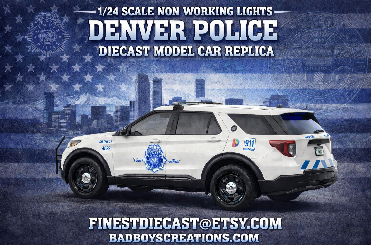 1/24 Scale 2022 Ford Explorer Denver Colorado Police Diecast Model Car – Custom Detailed DPD Graphics – By Badboys Creations – Non-Working