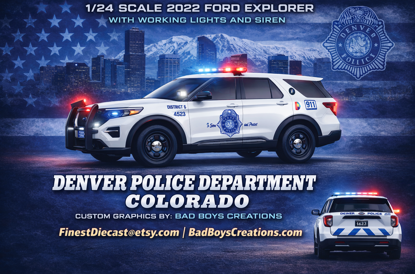 1/24 Scale Denver Colorado Police 2022 Ford Explorer Diecast Model Car w/ Working LED Lights & Siren – Custom by Badboys Creations