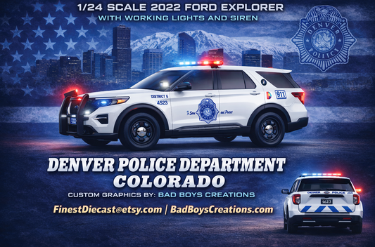 1/24 Scale Denver Colorado Police 2022 Ford Explorer Diecast Model Car w/ Working LED Lights & Siren – Custom by Badboys Creations