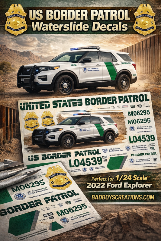 1/24 Scale U.S. Border Patrol 2022 Ford Explorer Waterslide Decals – Approx. 4 Sets Included – Custom Diecast Graphics – Decals Only | Badboys Creations