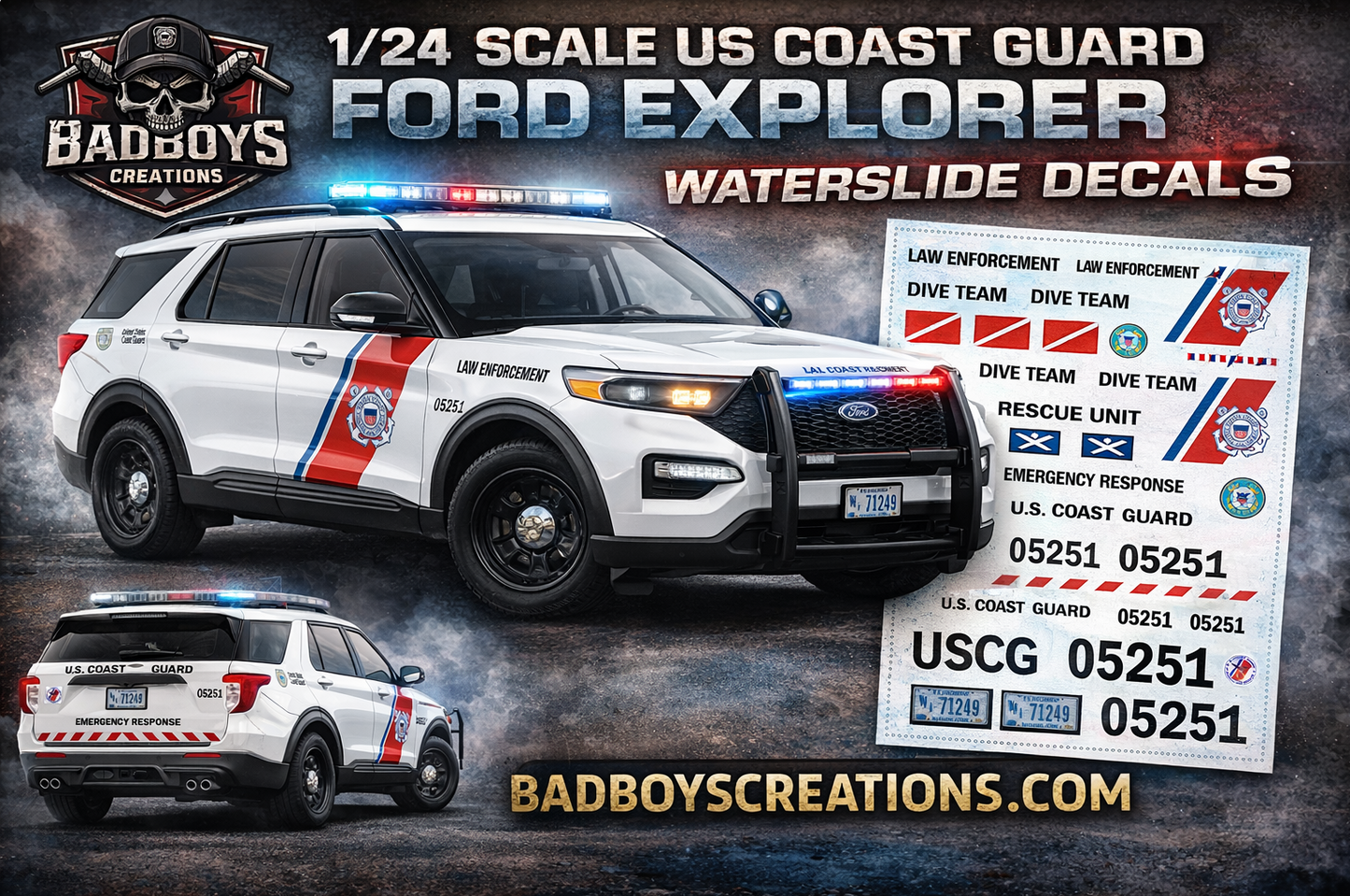 1/24 Scale U.S. Coast Guard 2022 Ford Explorer Waterslide Decals – 4 Complete Sets – Custom Diecast Graphics – Decals Only