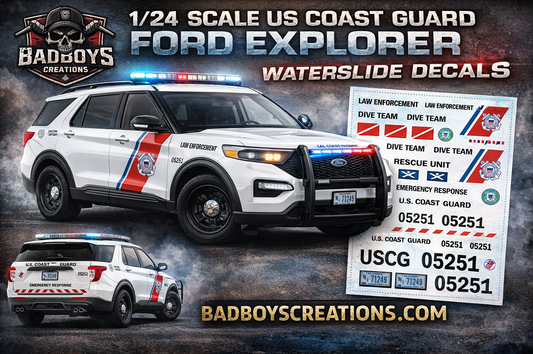 1/24 Scale U.S. Coast Guard 2022 Ford Explorer Waterslide Decals – 4 Complete Sets – Custom Diecast Graphics – Decals Only