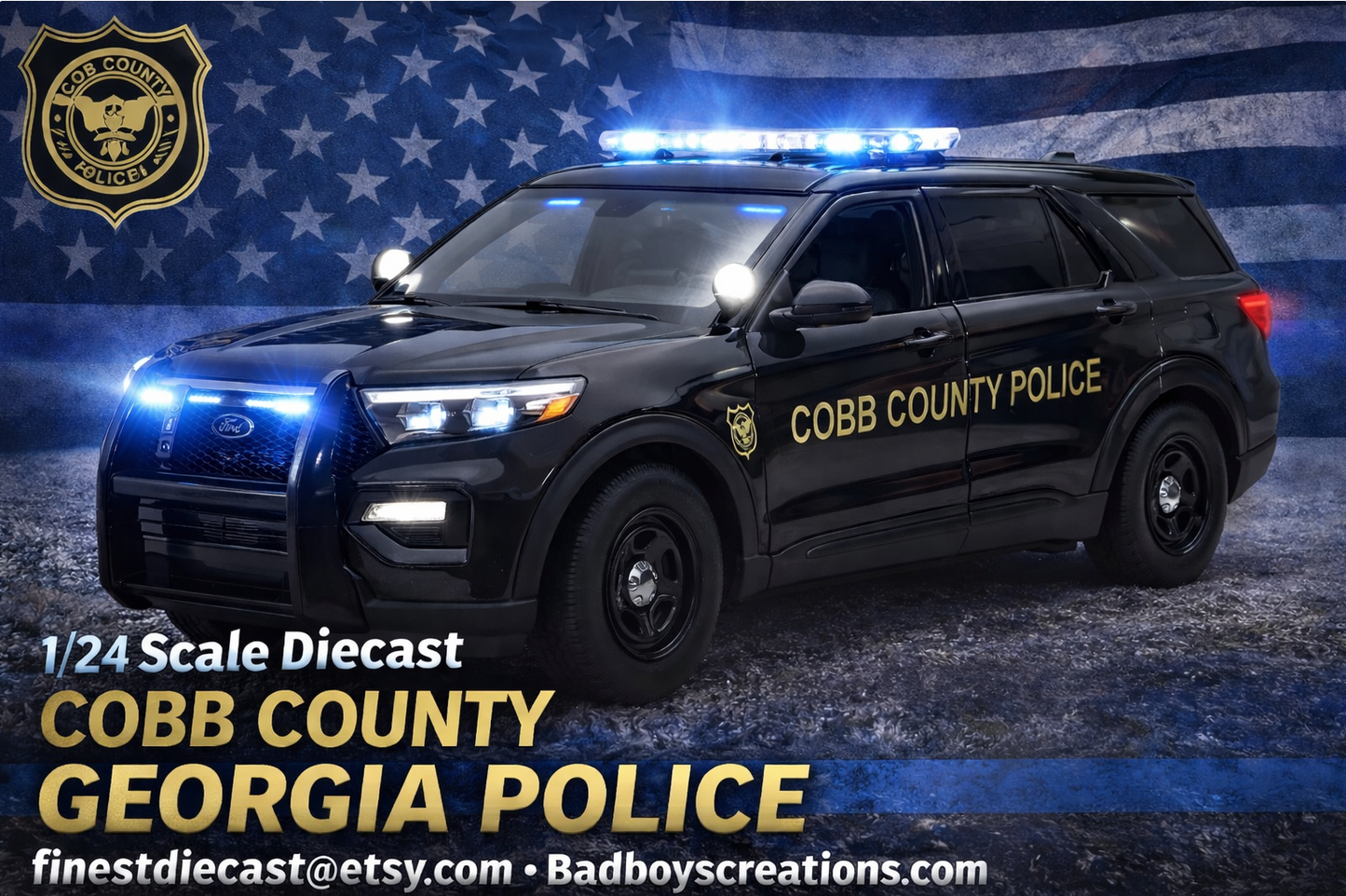 1/24 Scale Cobb County Georgia Police Diecast Model Car w/ Working Lights & Siren – Custom Made by Badboys Creations