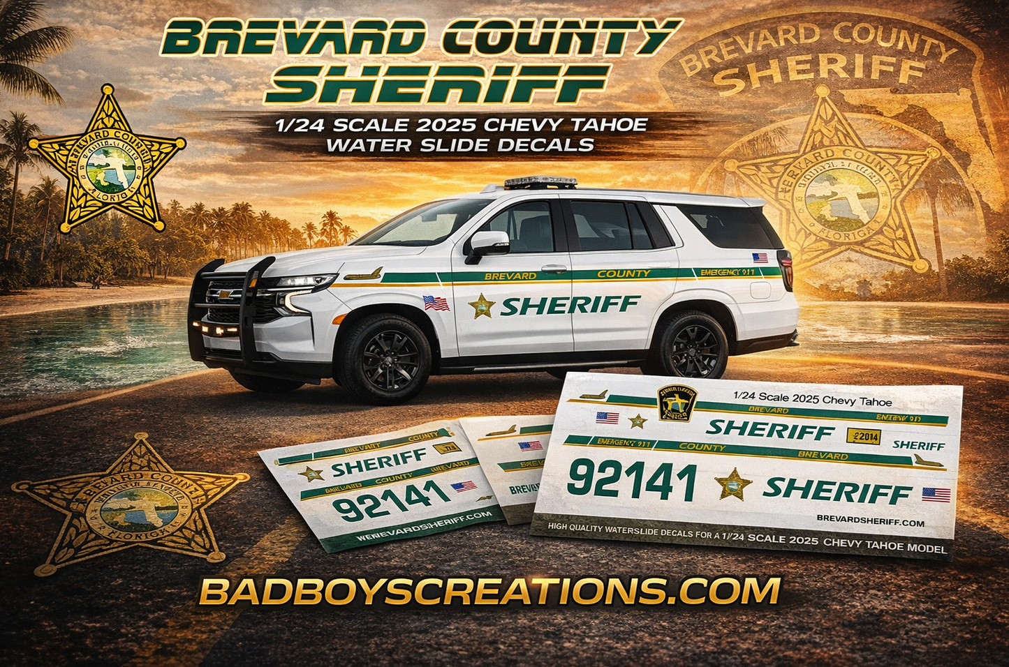1/24 Scale Brevard County Sheriff Florida 2025 Chevy Tahoe Waterslide Decals – 4 Complete Sets – Custom Diecast Graphics | Badboys Creations