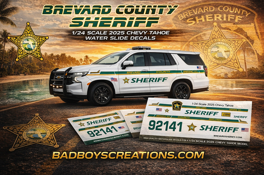 1/24 Scale Brevard County Sheriff Florida 2025 Chevy Tahoe Waterslide Decals – 4 Complete Sets – Custom Diecast Graphics | Badboys Creations