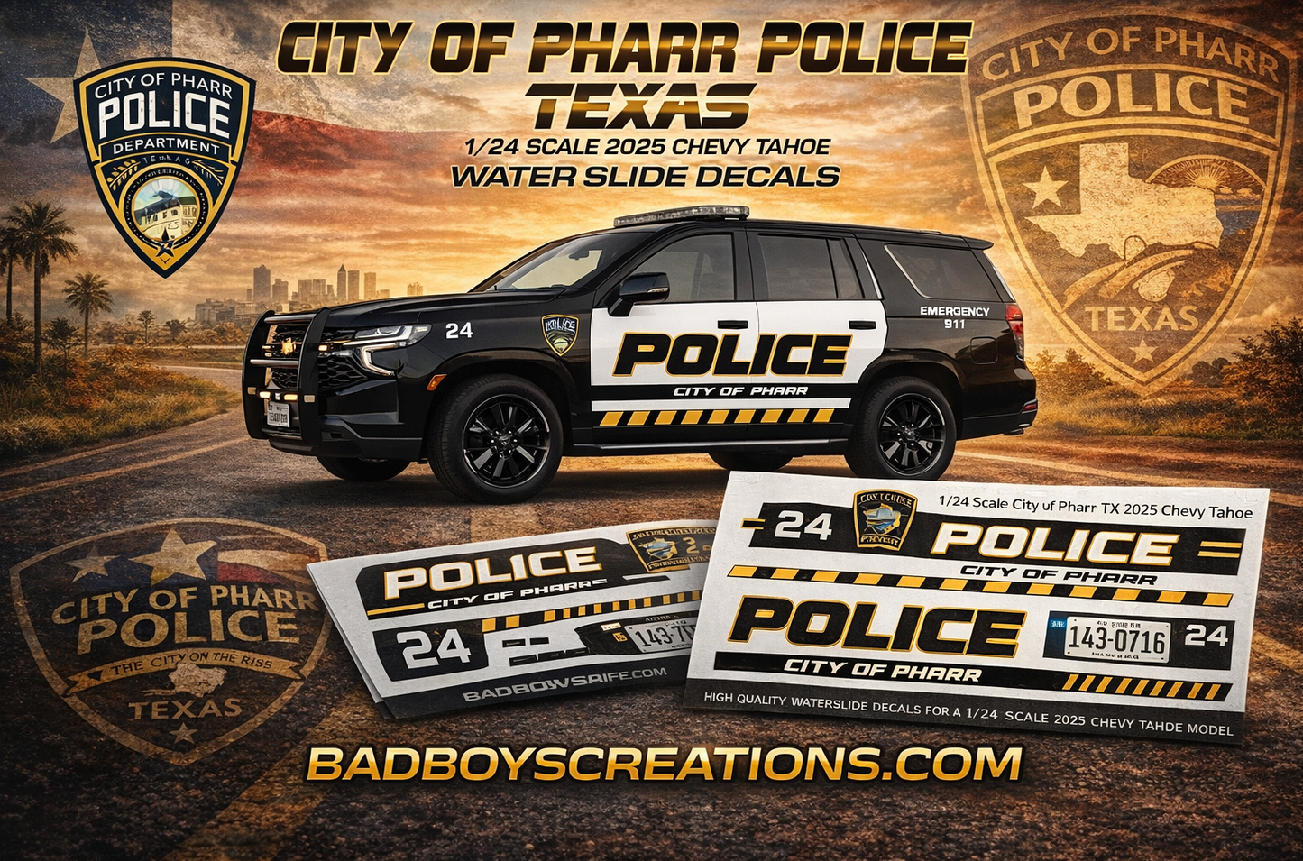 1/24 Scale City of Pharr Texas Police 2025 Chevy Tahoe Waterslide Decals – 4 Complete Sets – Custom Diecast Graphics
