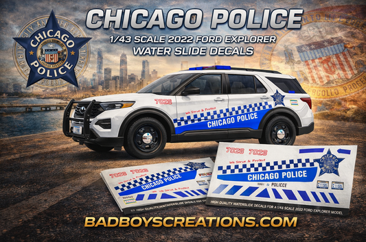 1/43 Scale Chicago Police 2022 Ford Explorer Waterslide Decals – 6 Sets Included – Diecast Model Graphics – Decals Only | Badboys Creations