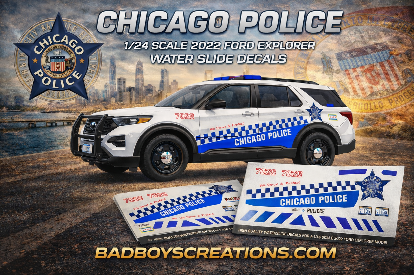 1/24 Scale Chicago Police 2022 Ford Explorer Waterslide Decals – Approx 4 Sets – Custom Diecast Graphics – Decals Only
