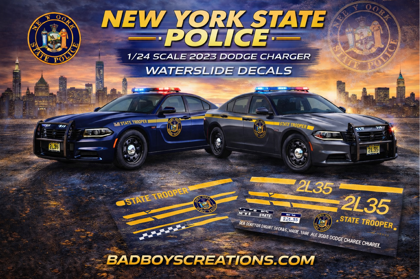 1/24 Scale New York State Police 2023 Dodge Charger Waterslide Decals – Blue & Gray Versions – Approx 4 Sets – Decals Only