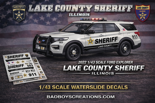 1/43 Scale Lake County Sheriff Illinois 2022 Ford Explorer Waterslide Decals – Approx. 6 Sets – Diecast Model Decal Sheet – Decals Only