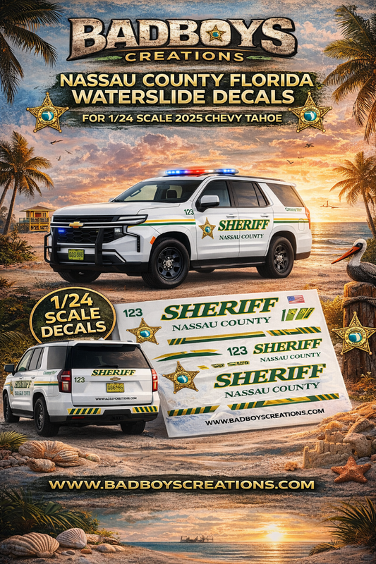 1/24 Scale 2025 Chevy Tahoe Nassau County Florida Sheriff Waterslide Decals – Custom Diecast Police Graphics (Approx. 4 Sets) – Decals Only