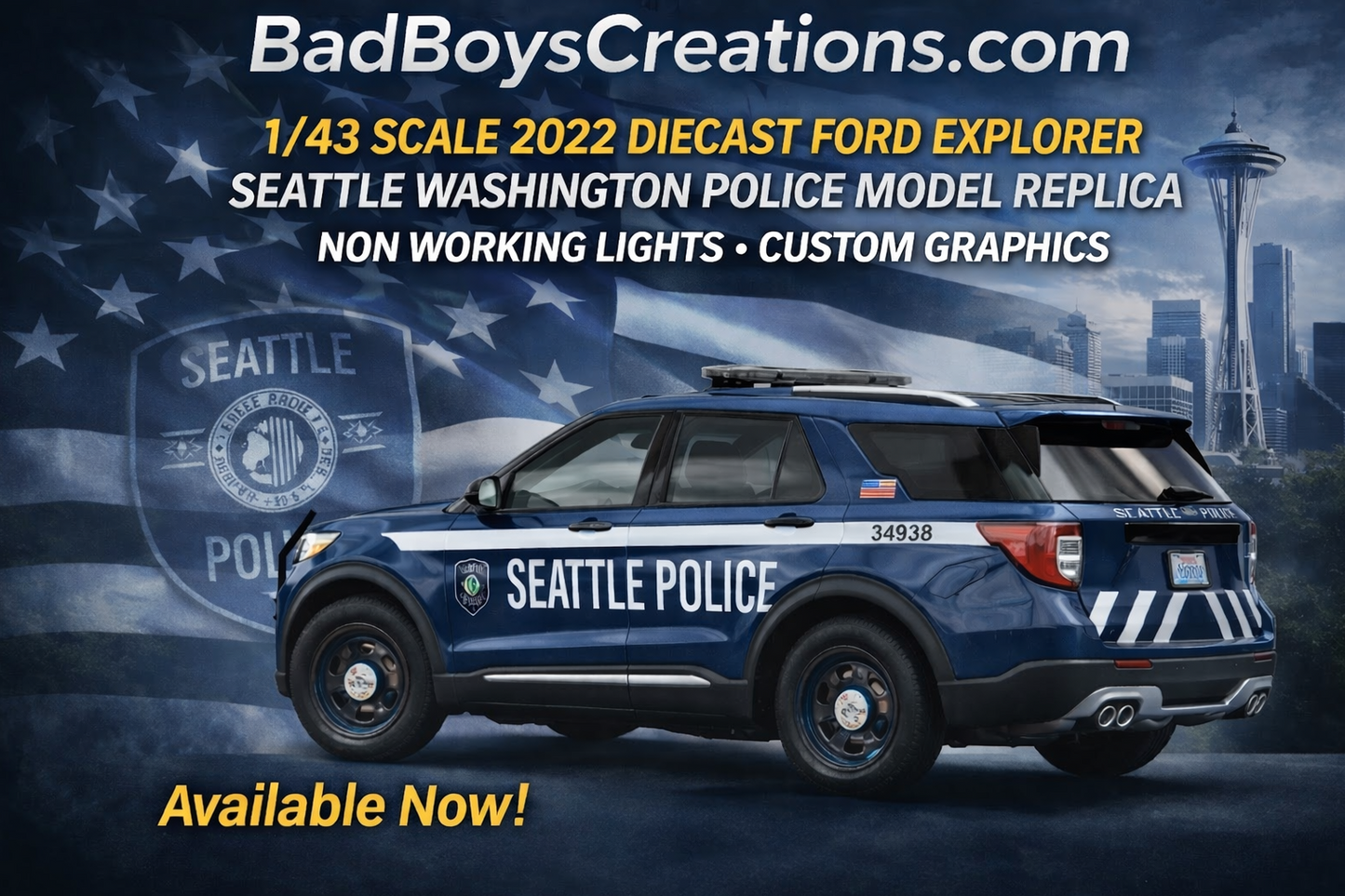 1/43 Scale Seattle Police 2022 Ford Explorer Diecast Model Car – Custom Made by Badboys Creations – Non-Working Lights