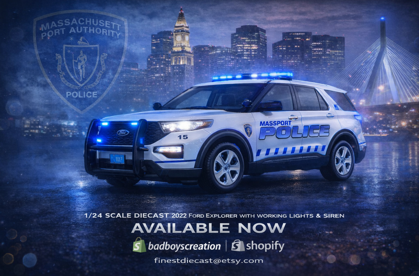 1/24 Scale Massport Massachusetts Police 2022 Ford Explorer – Working Lights & Siren – Custom Diecast by Badboys Creations