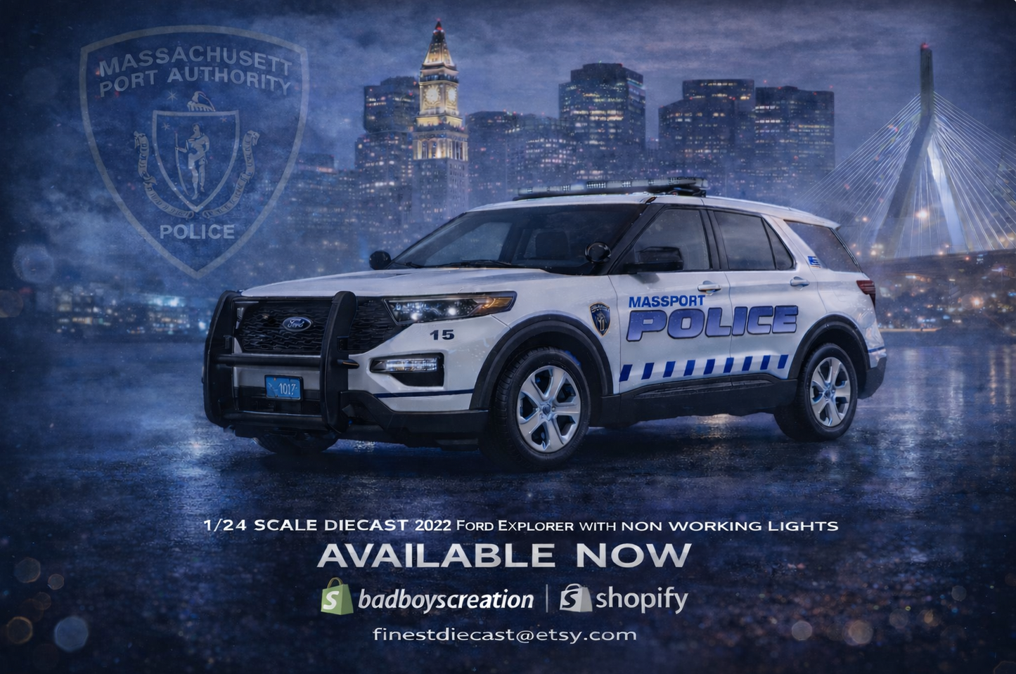 1/24 Scale Massport Massachusetts Police 2022 Ford Explorer Diecast Model Car – Custom Replica by Badboys Creations – Non Working Lights