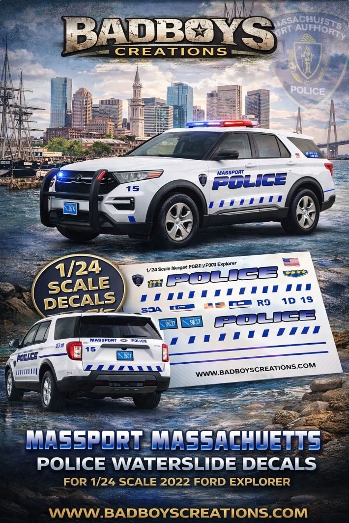 1/24 Scale Massport Massachusetts Police Waterslide Decals – 2022 Ford Explorer – Approx 4 Sets – Custom Diecast Graphics