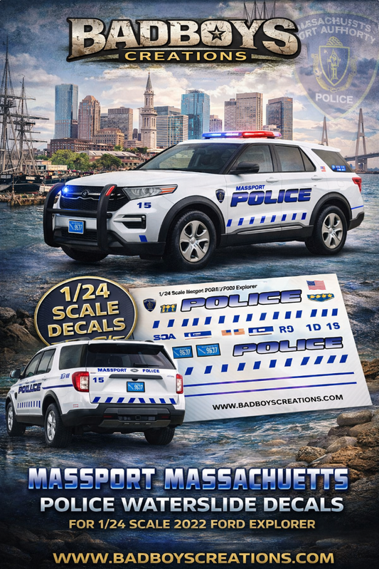 1/24 Scale Massport Massachusetts Police Waterslide Decals – 2022 Ford Explorer – Approx 4 Sets – Custom Diecast Graphics