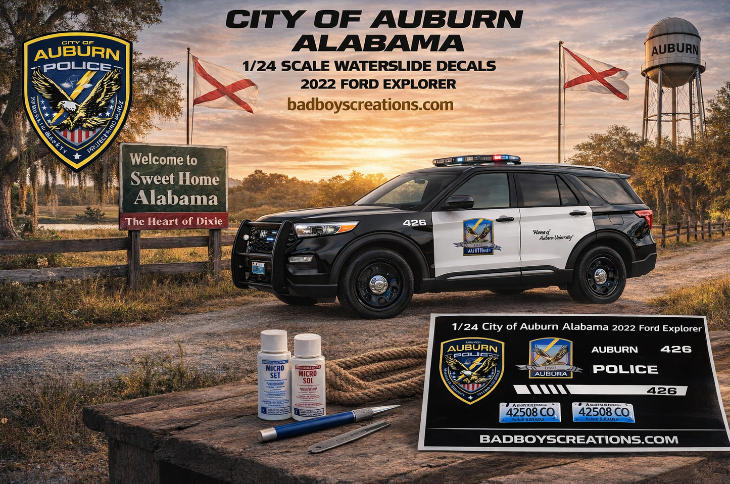 1/24 Scale City of Auburn Alabama Police Waterslide Decals – 2022 Ford Explorer – White Toner Printed – Approx 4 Sets