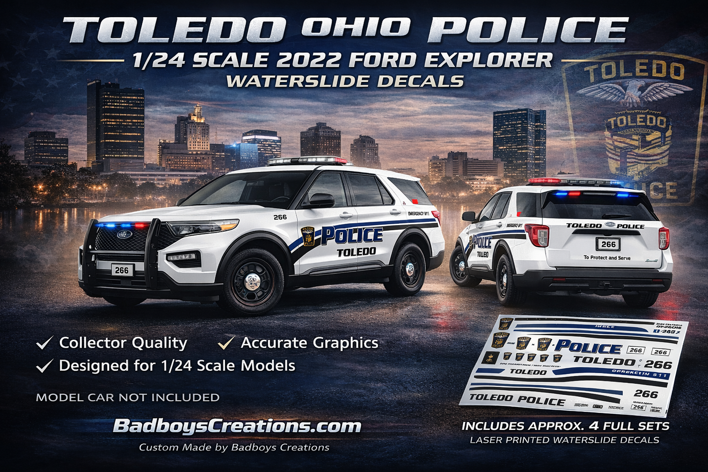 1/24 Scale Toledo Ohio Police 2022 Ford Explorer Waterslide Decals – Laser Printed – Approx. 4 Sets – Custom by Badboys Creations