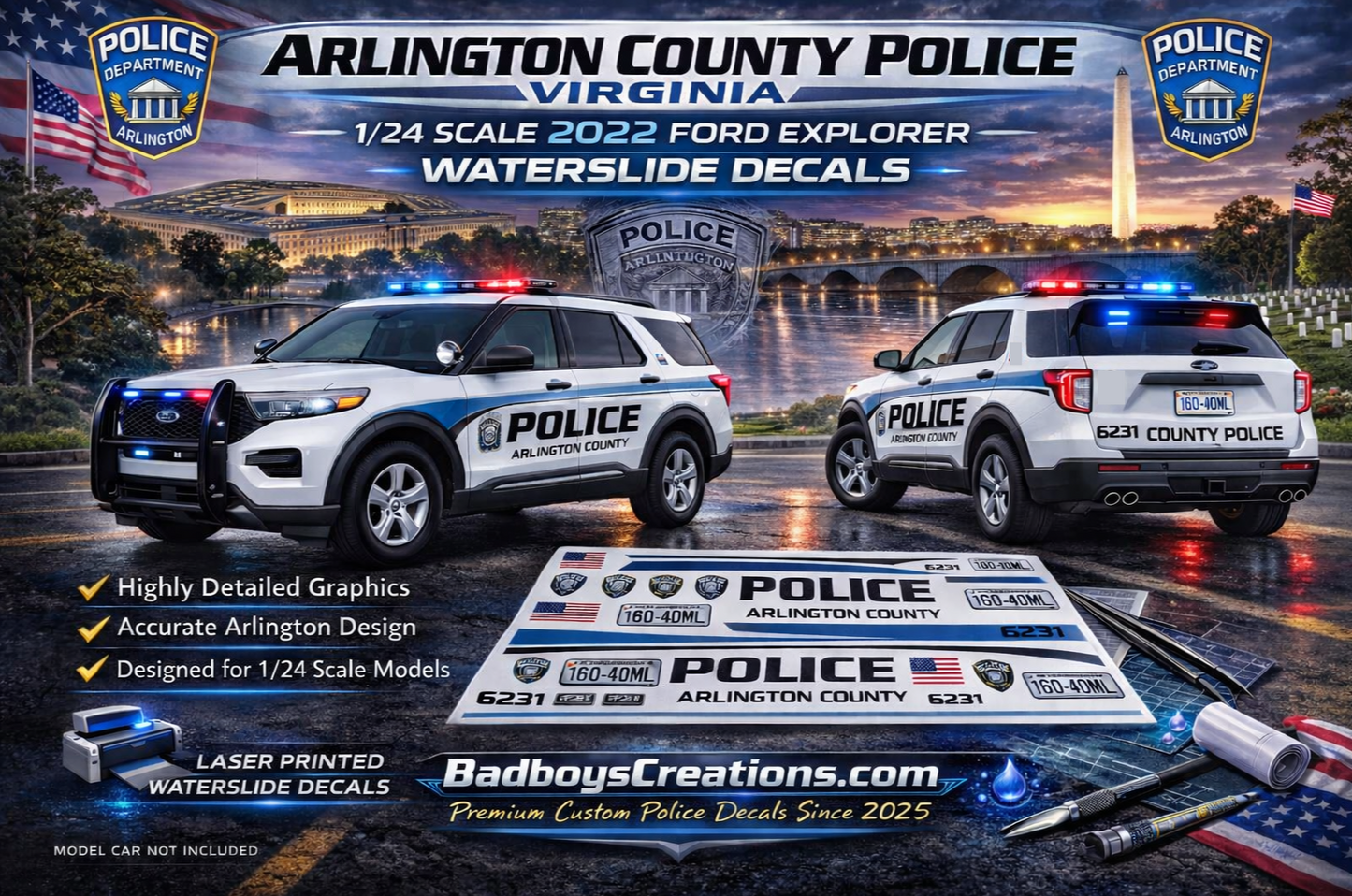 1/24 Scale Arlington County Virginia Police Waterslide Decals – 2022 Ford Explorer – Custom Laser Printed – Approx 4 Sets – Decals Only