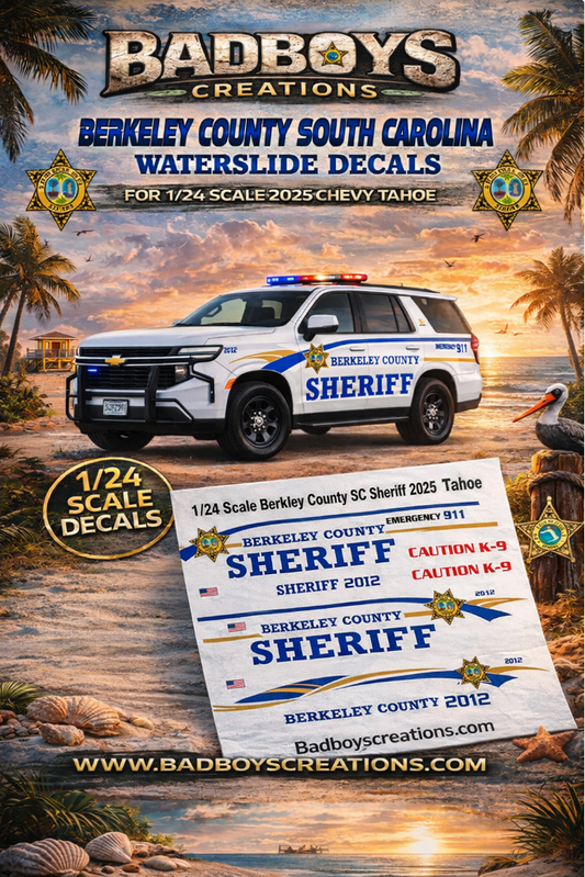 1/24 Scale 2025 Chevy Tahoe Berkley County South Carolina Sheriff Waterslide Decals – Approx. 4 Sets – Decals Only