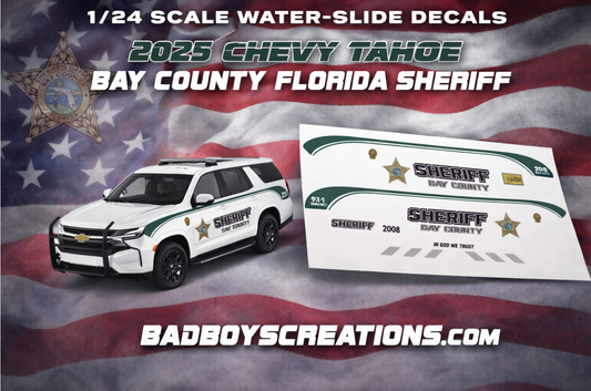 1/24 Scale Bay County Florida Sheriff 2025 Chevy Tahoe Waterslide Decals – Custom Laser Printed (Approx. 4 Sets) – Decals Only