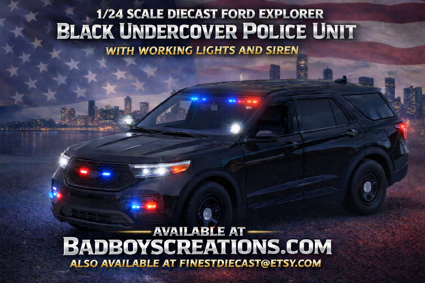 1/24 Scale 2022 Black Ford Explorer Undercover Police Unit – Working LED Lights & Siren – Custom Diecast by Badboys Creations