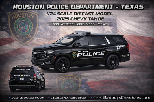 1/24 Scale 2025 Chevy Tahoe Houston Police Diecast Model Replica – Non Working Lights – Custom by Badboys Creations