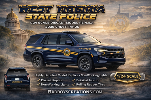 1/24 Scale 2025 Chevy Tahoe West Virginia State Police Diecast Model Replica – Custom Detailed W.V. State Police SUV – Non Working Lights