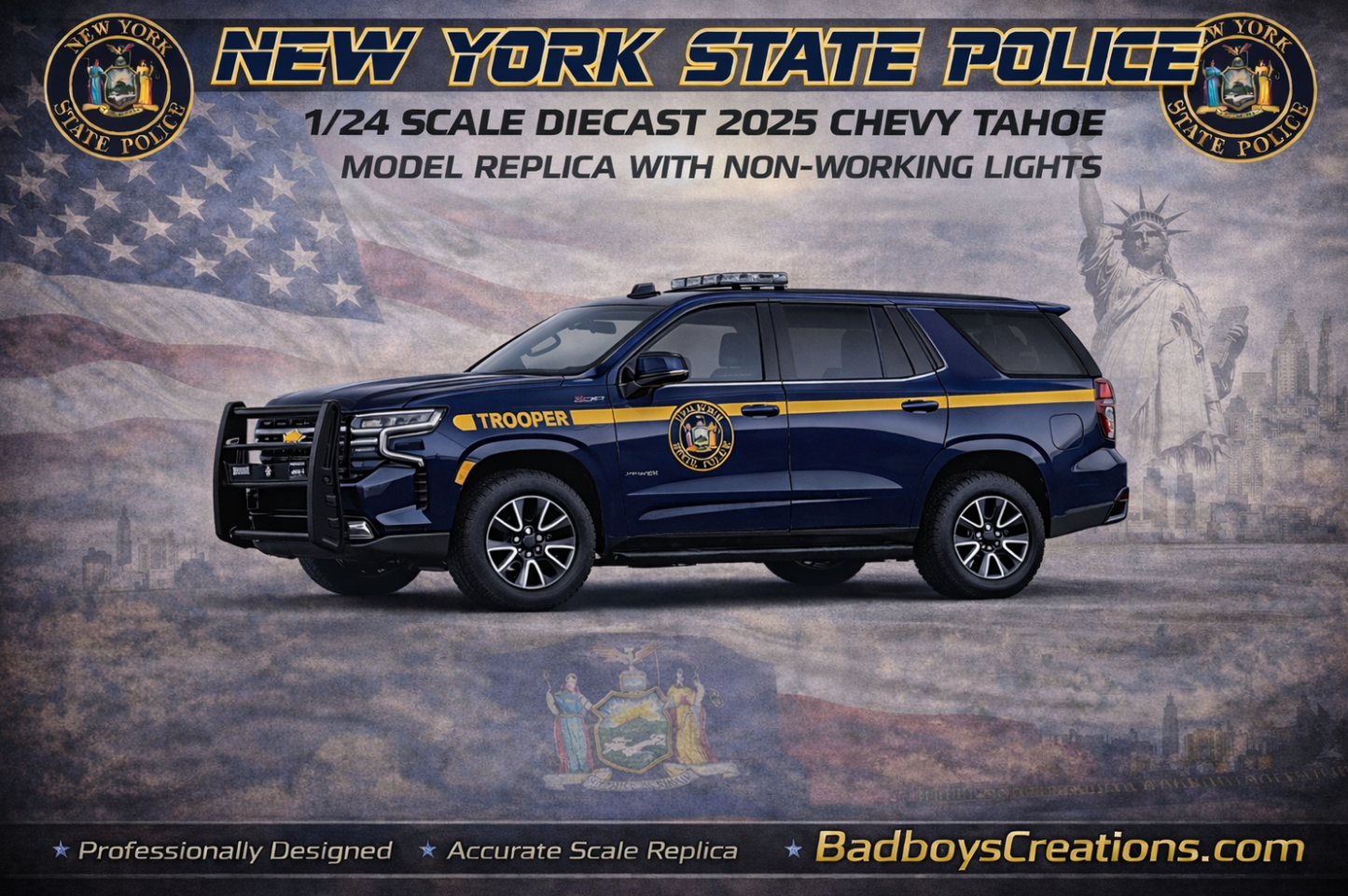 1/24 Scale 2025 Chevy Tahoe New York State Police Diecast Model Replica – Custom NYSP Patrol SUV – Non Working Lights