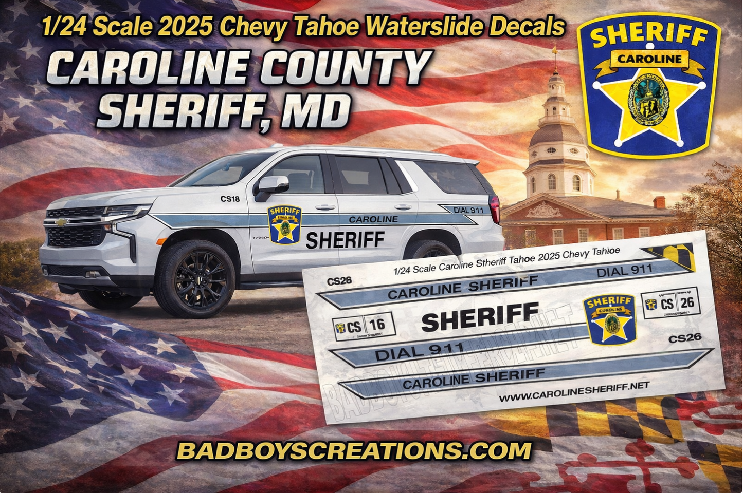 1/24 Scale 2025 Chevy Tahoe Caroline County Sheriff Maryland Waterslide Decals – Approx. 4 Sets | Decals Only