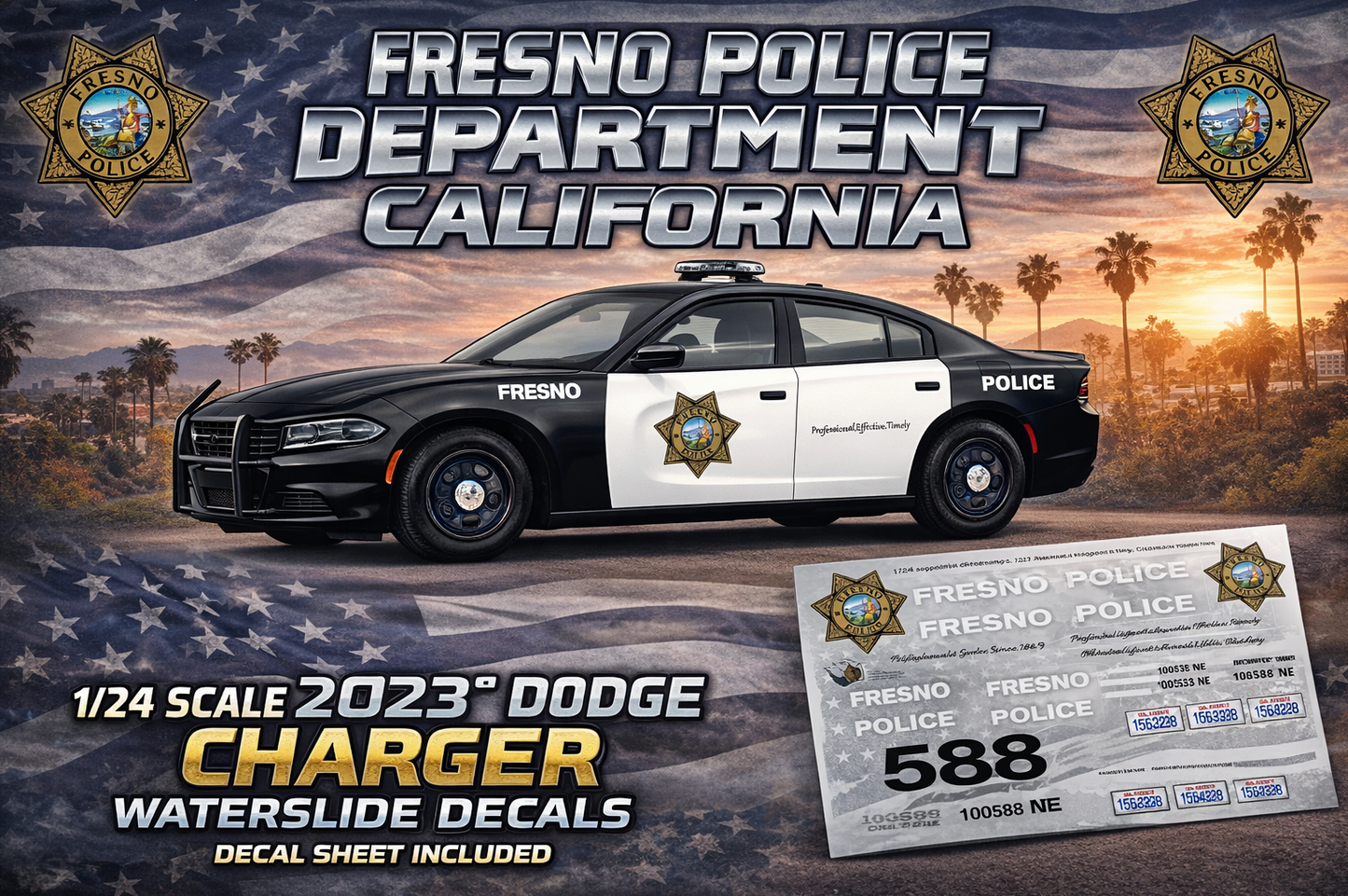 1/24 Scale 2023 Dodge Charger Fresno California Police Waterslide Decals – Approx. 4 Sets | Decals Only