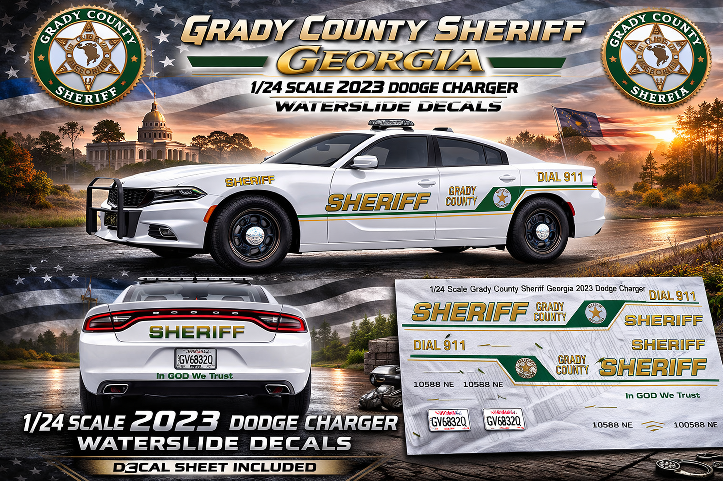1/24 Scale 2023 Dodge Charger Grady County Sheriff Georgia Waterslide Decals – Approx. 4 Sets – Custom Police Graphics