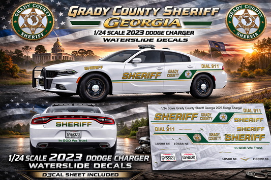 1/24 Scale 2023 Dodge Charger Grady County Sheriff Georgia Waterslide Decals – Approx. 4 Sets – Custom Police Graphics