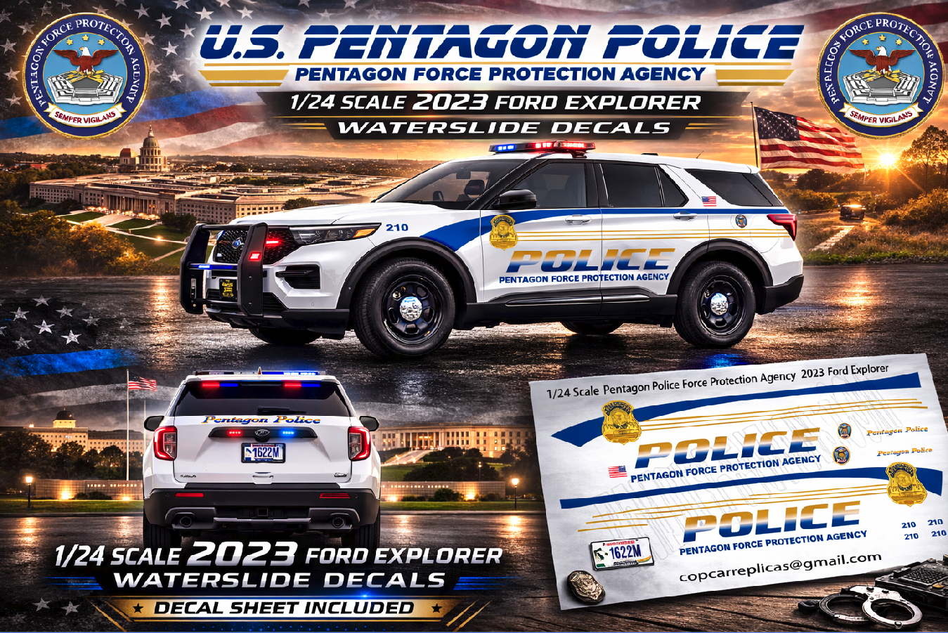 1/24 Scale 2022 Ford Explorer U.S. Pentagon Police Waterslide Decals – Approx. 4 Sets – Decals Only