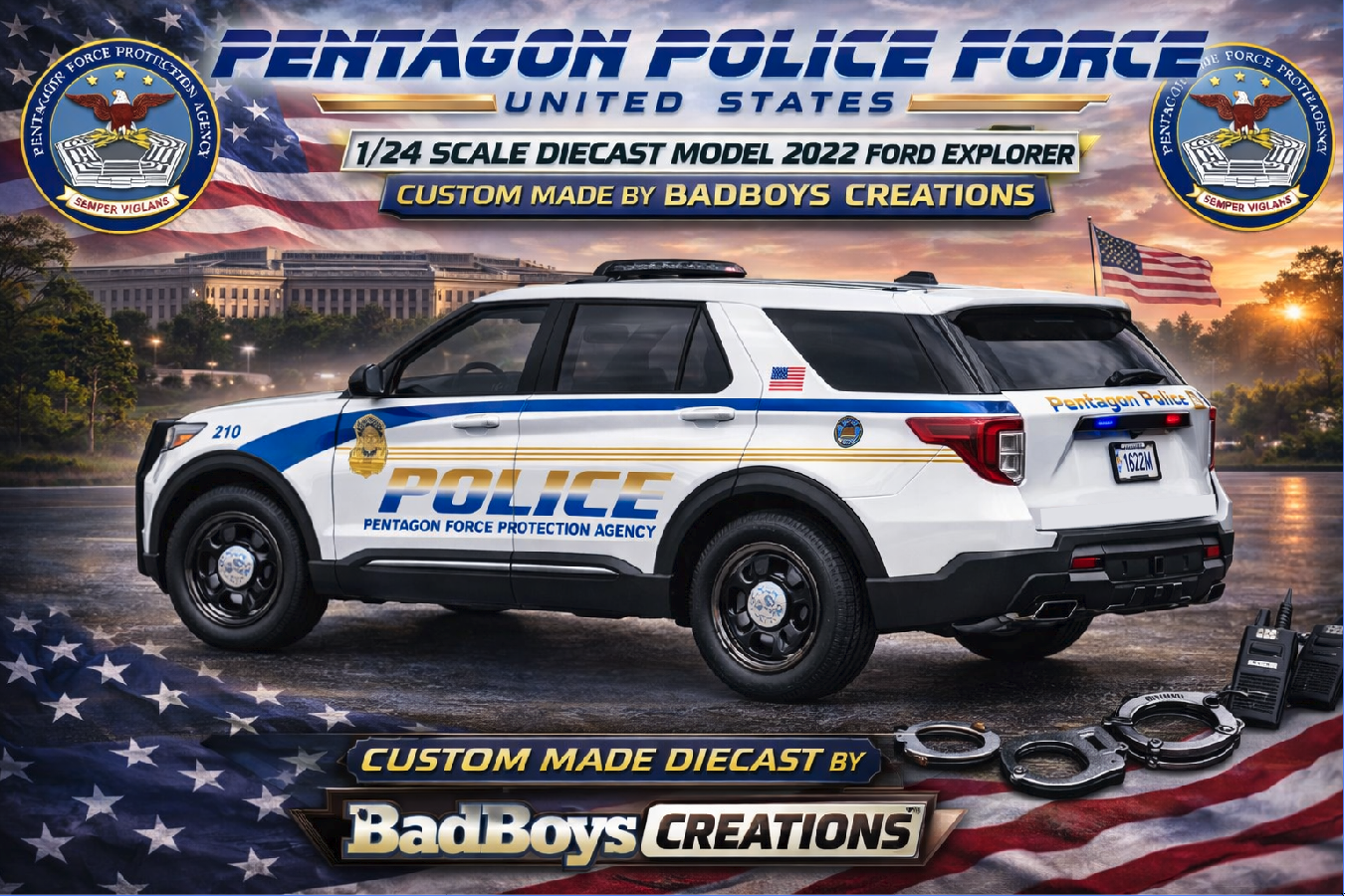 1/24 Scale 2022 Ford Explorer U.S. Pentagon Police Diecast Model Replica – Custom Made Highly Detailed | Badboys Creations