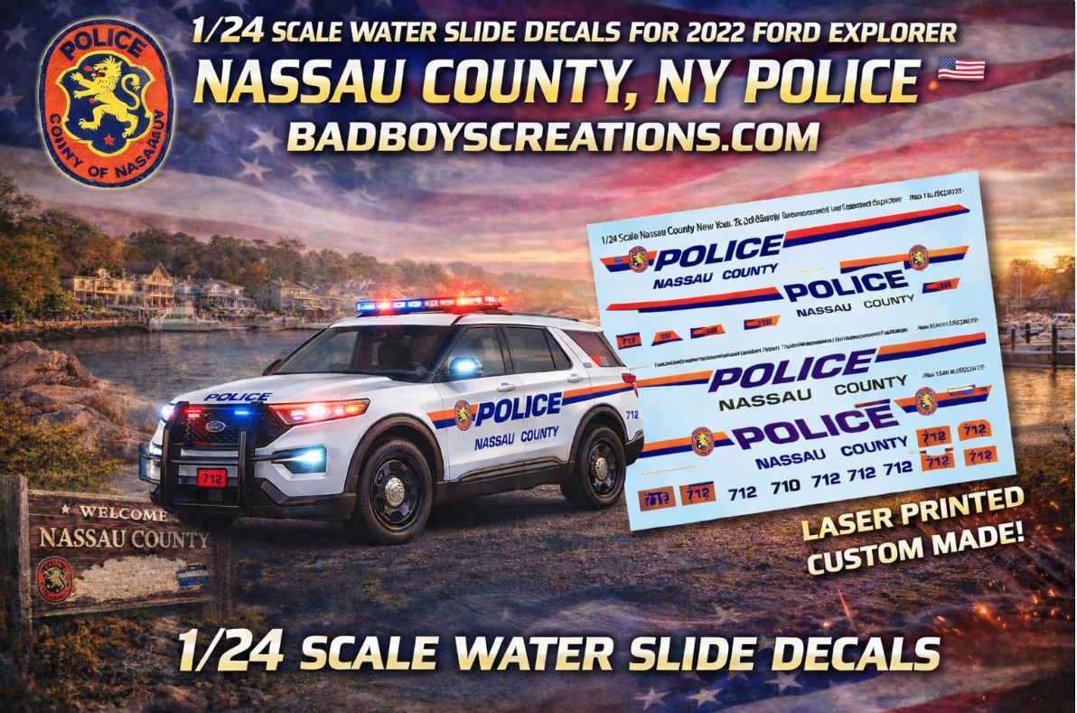 1/24 Scale 2022 Ford Explorer Nassau County New York Police Waterslide Decals Set – Approx. 4 Sets Included | Badboys Creations